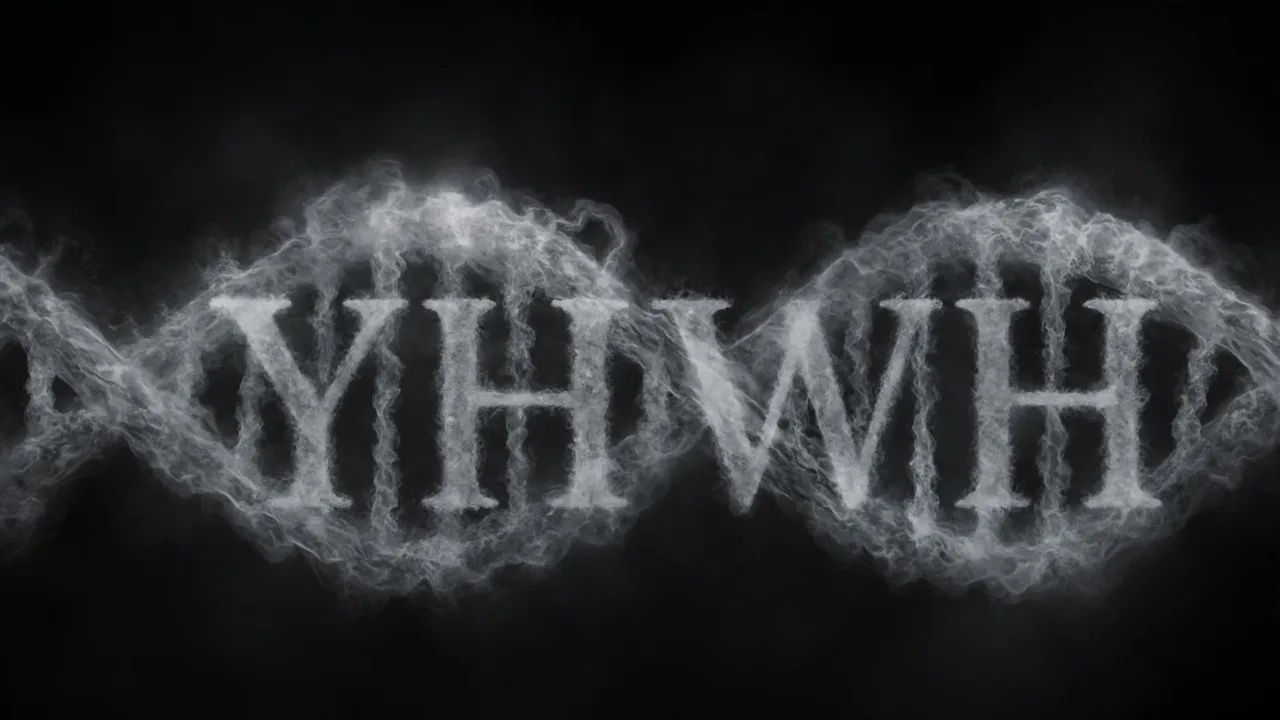 A DNA helix of pale mist on a black background, with the letters YHWH formed large inside it.