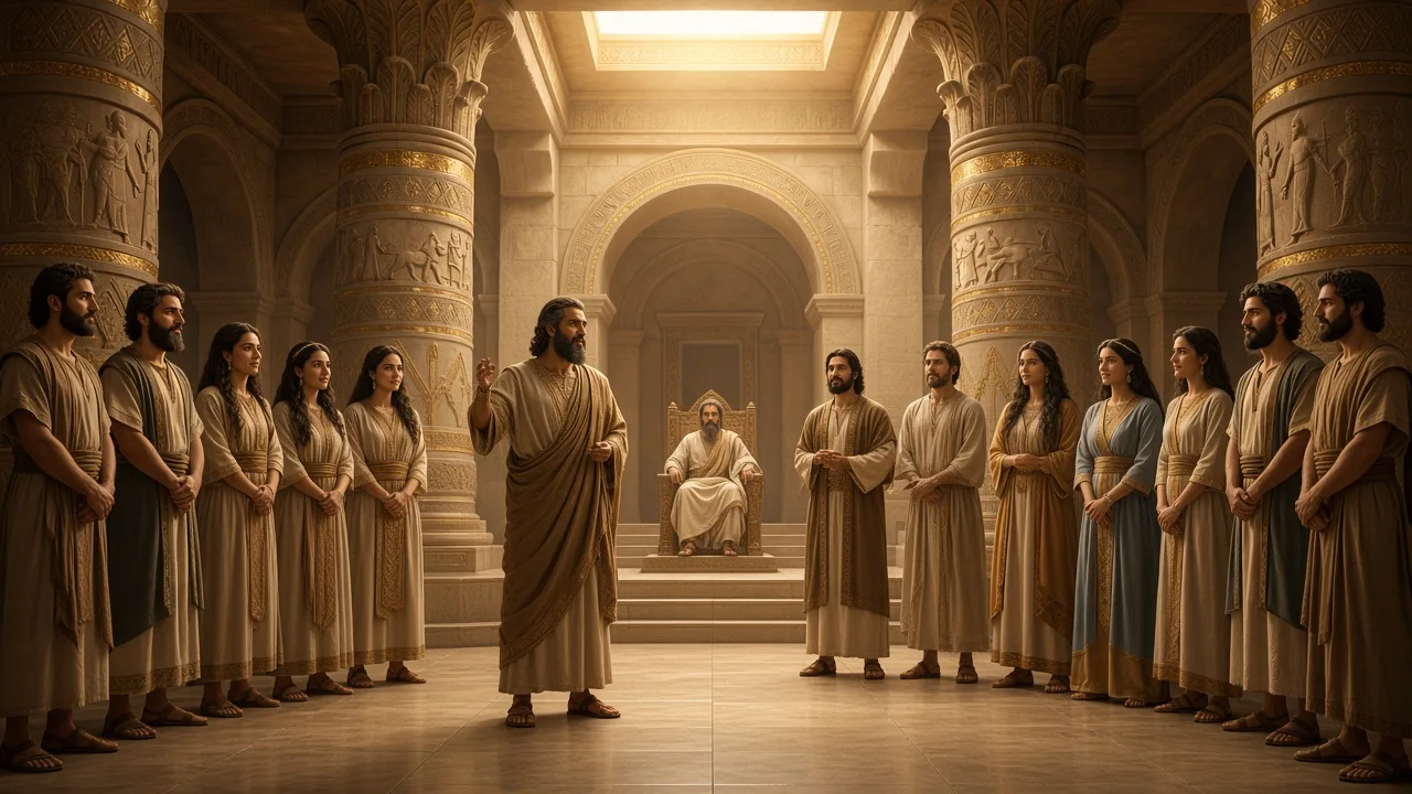 A standing speaker among a class of beings in a vast hall, with a seated figure on a distant dais and open sky above.