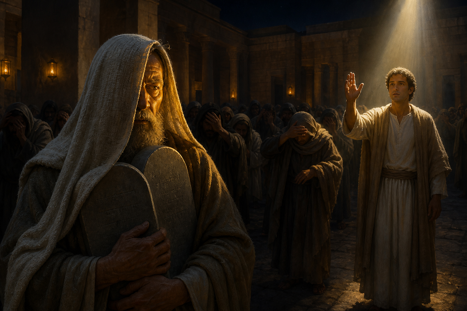 Moses stands with stone tablets, a veil half-drawn across a shining face, while a second figure stands unveiled in a different light.