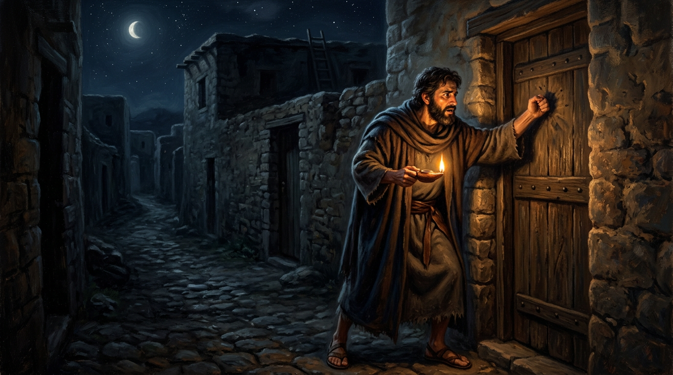 A man knocking on a wooden door in a Galilean village at night, oil lamp in hand.
