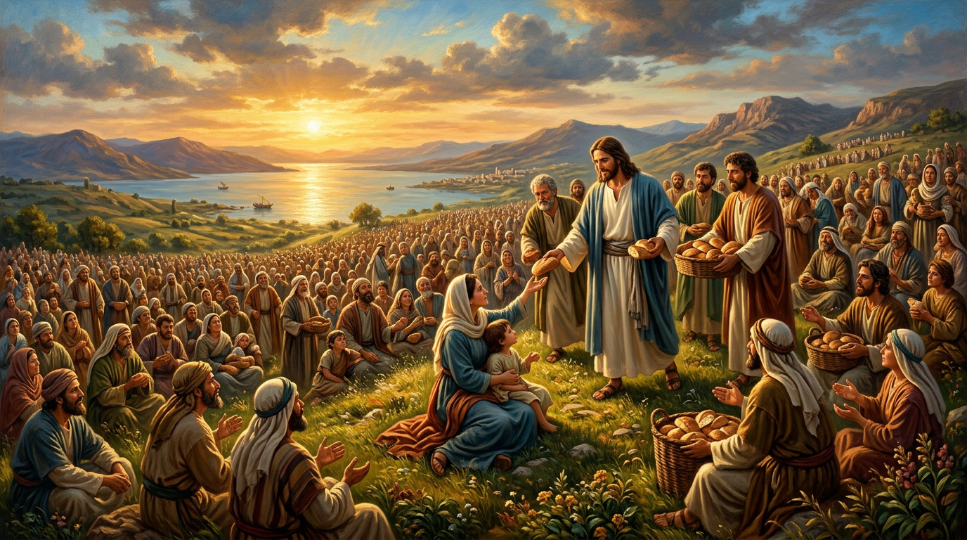Jesus feeding the five thousand on a hillside by the Sea of Galilee.