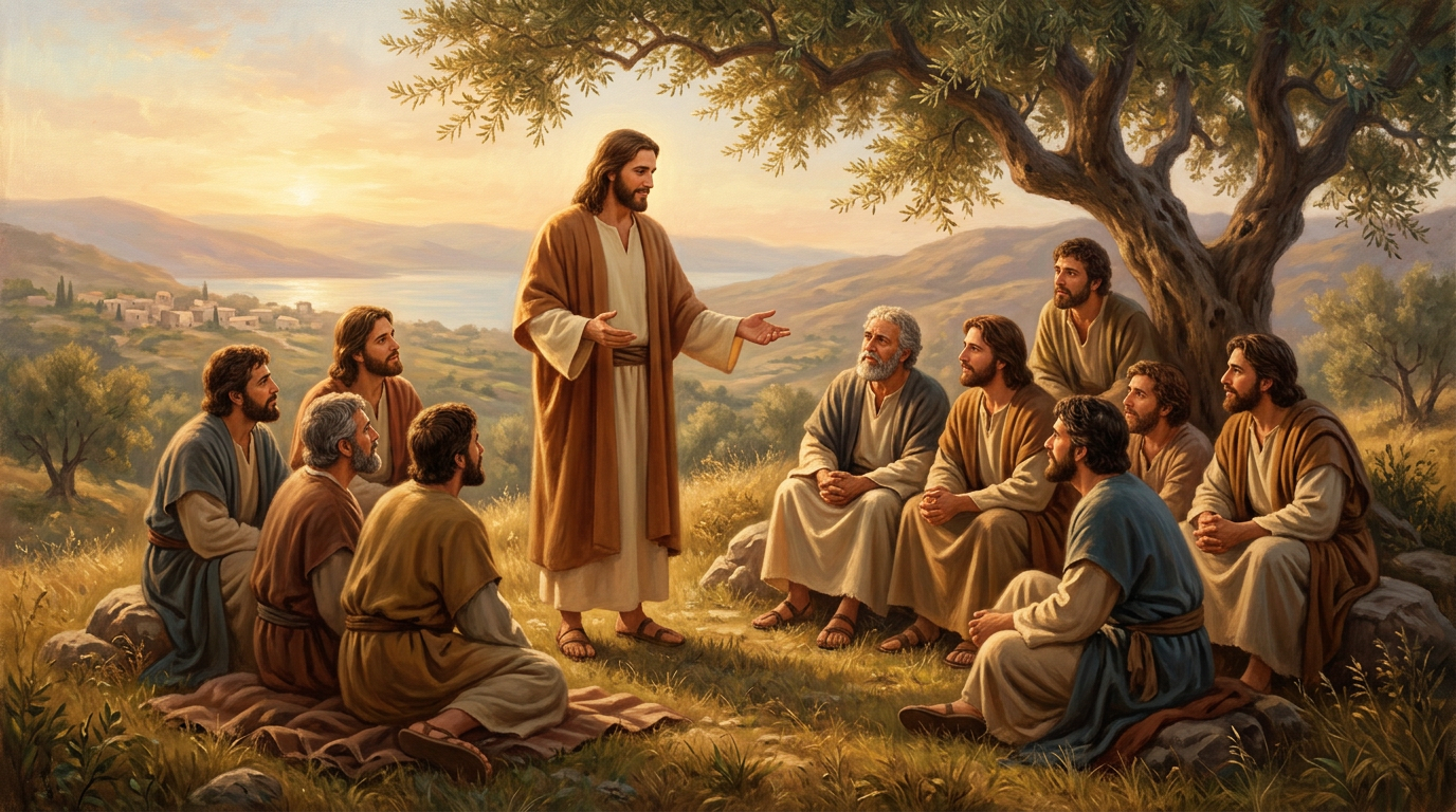 Jesus standing with His disciples under an olive tree, teaching them to pray.