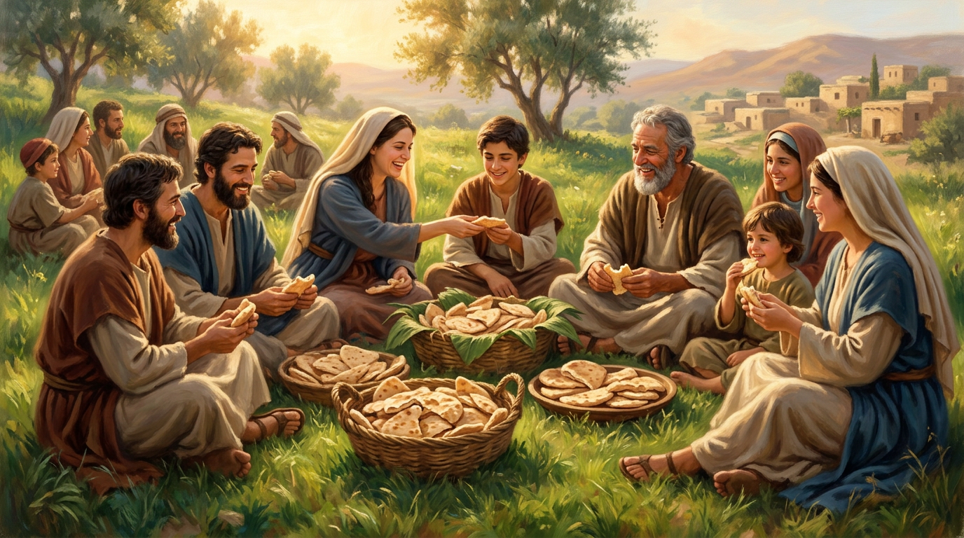People sitting on the grass sharing bread together, happy and at peace.