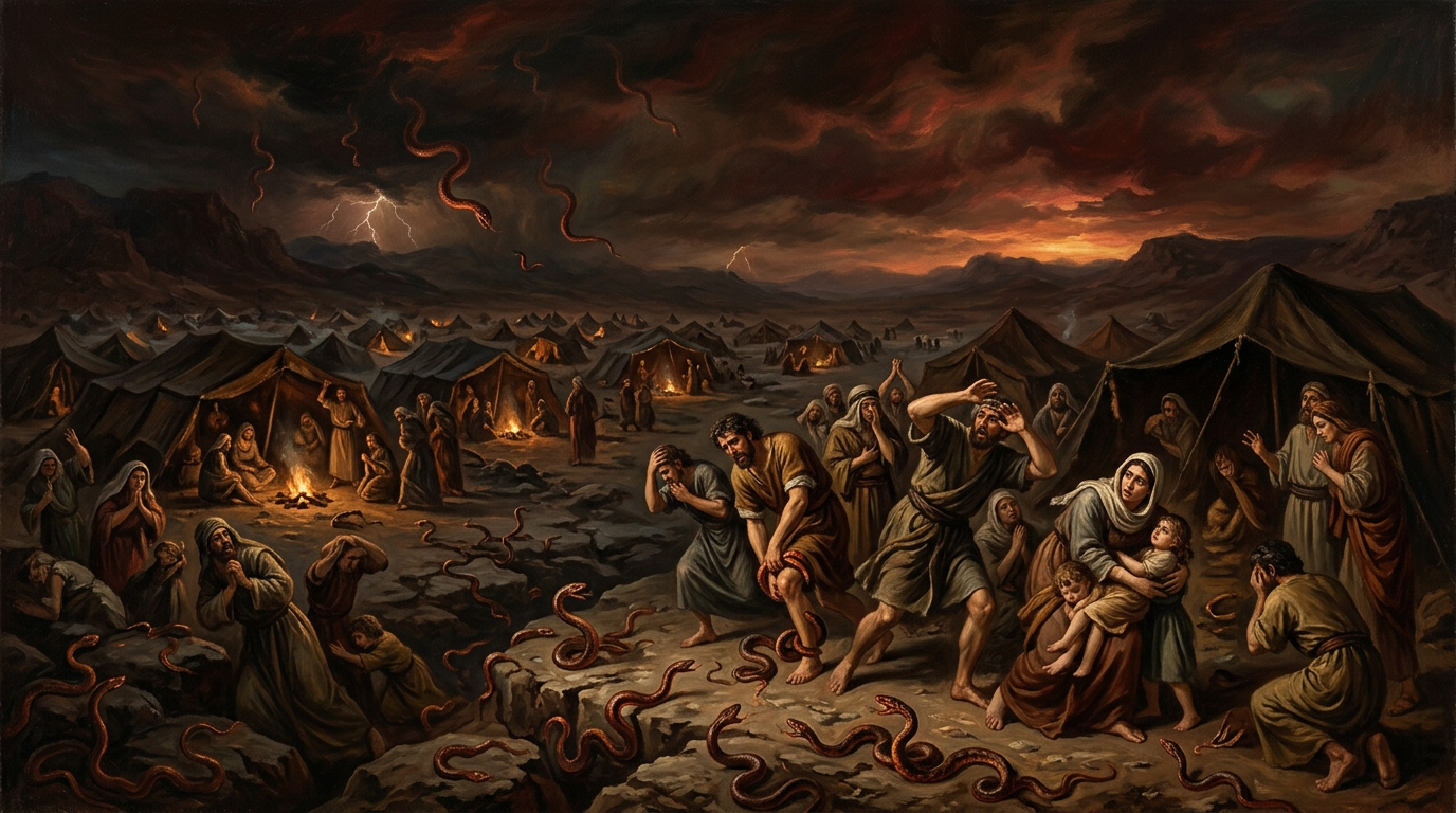 Yhwh sending venomous snakes among the Hebrews in the wilderness camp.