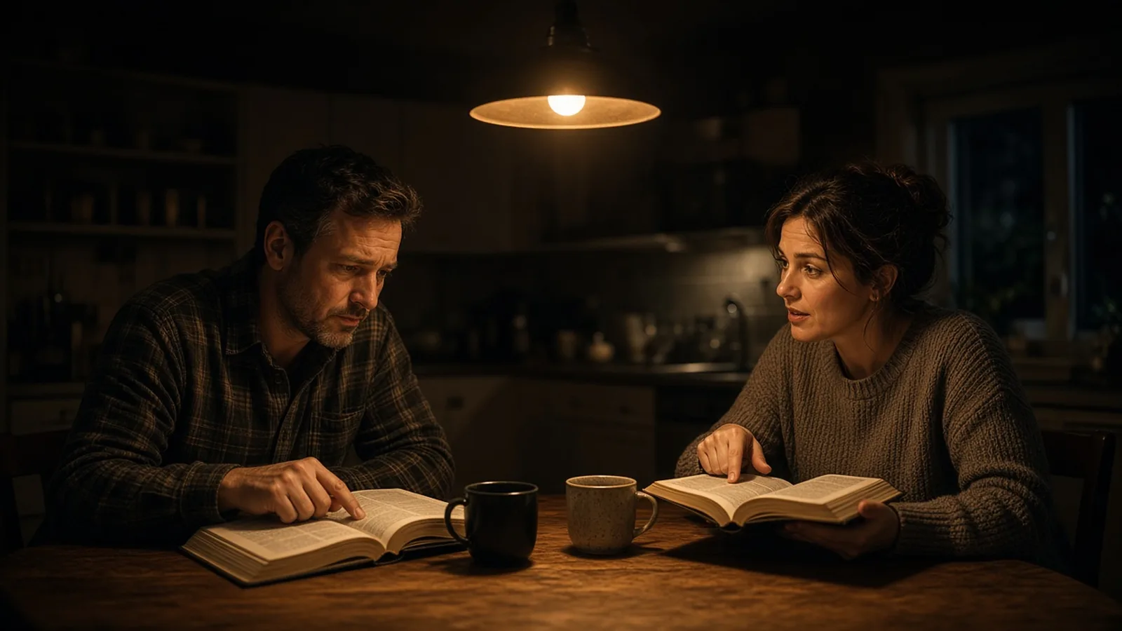 Two Christians at a kitchen table at night, each pointing to a different page in an open Bible.