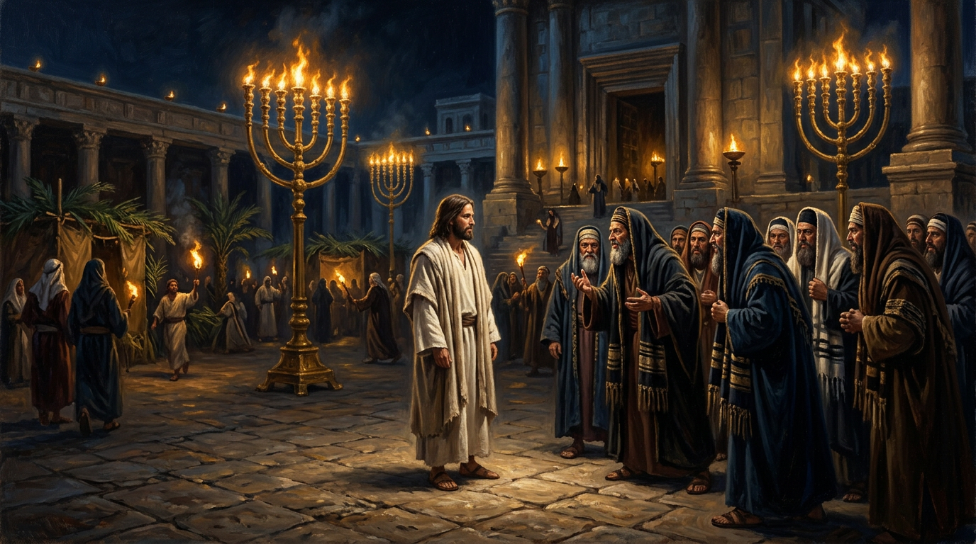 Jesus confronts the Pharisees in the Temple courts during the Festival of Tabernacles, golden lamplight illuminating the scene