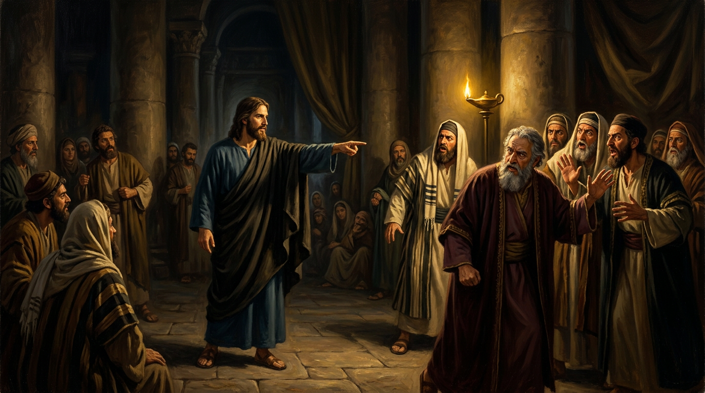 Jesus pointing directly at the Pharisees in the Temple – the moment of John 8:44, 'Your father is the devil'