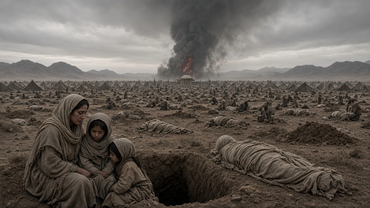 An Israelite mother and two children sit beside an open grave in a desert camp filled with fresh burials, while dark smoke and fire rise from the tabernacle at the center.