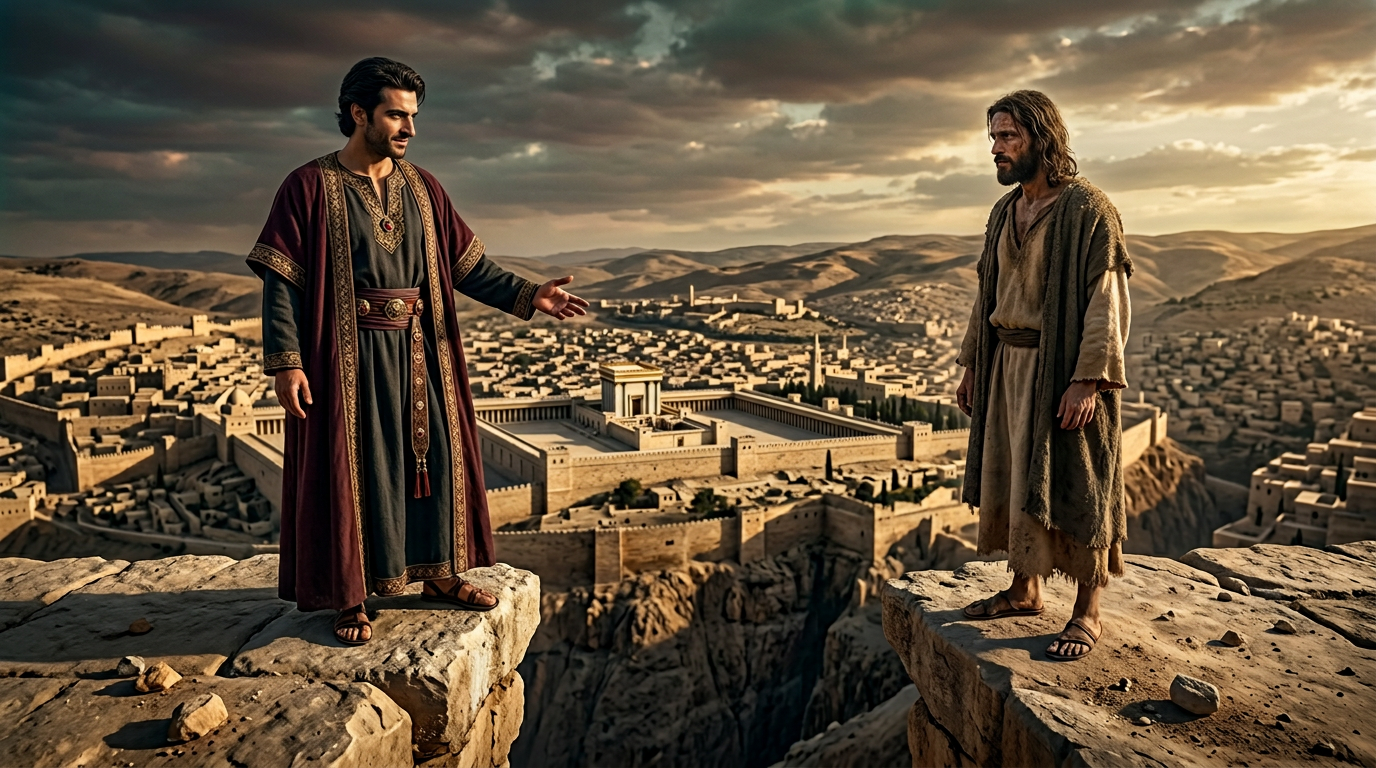 The tester stands at the edge of the Temple pinnacle while Jesus stands resolute. Jerusalem stretches far below.