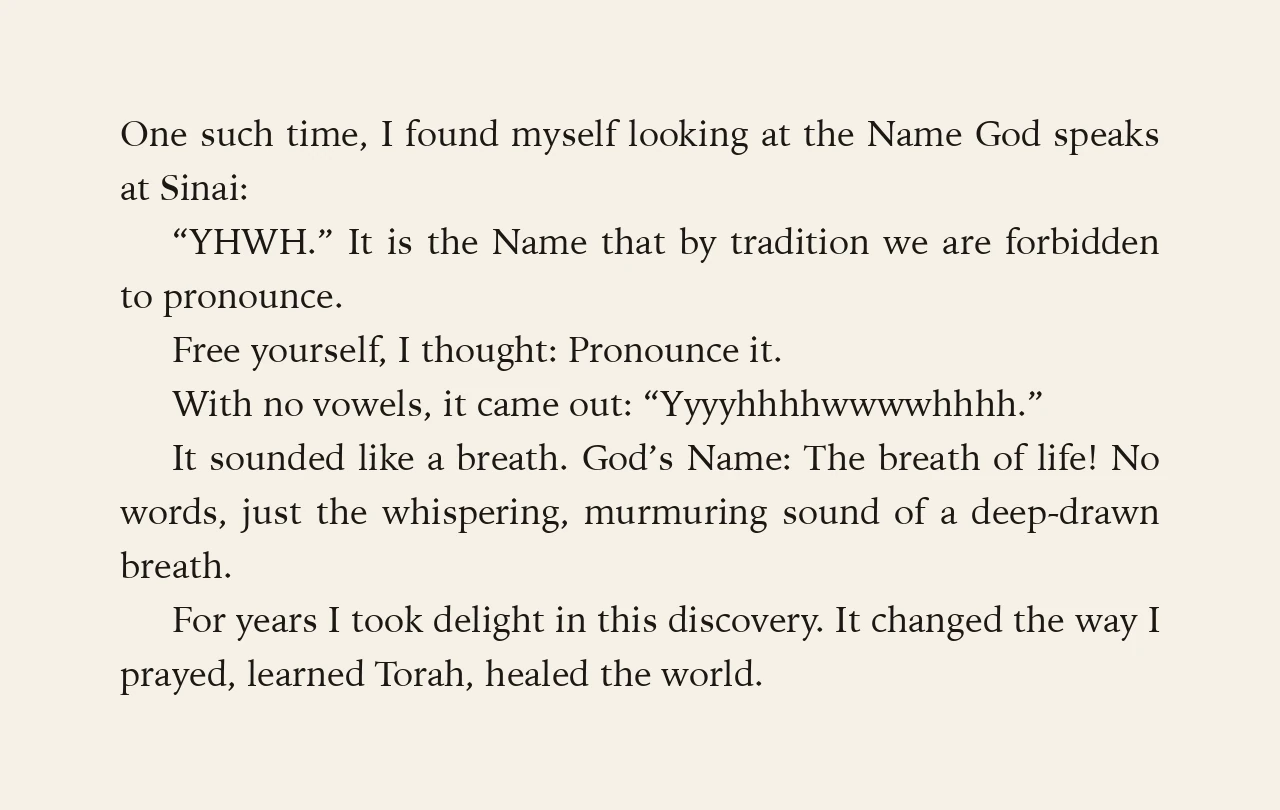 YHWH. It is the Name that by tradition we are forbidden to pronounce. Free yourself, I thought: Pronounce it. With no vowels, it came out: Yyyyhhhhwwwwhhhh. It sounded like a breath.
