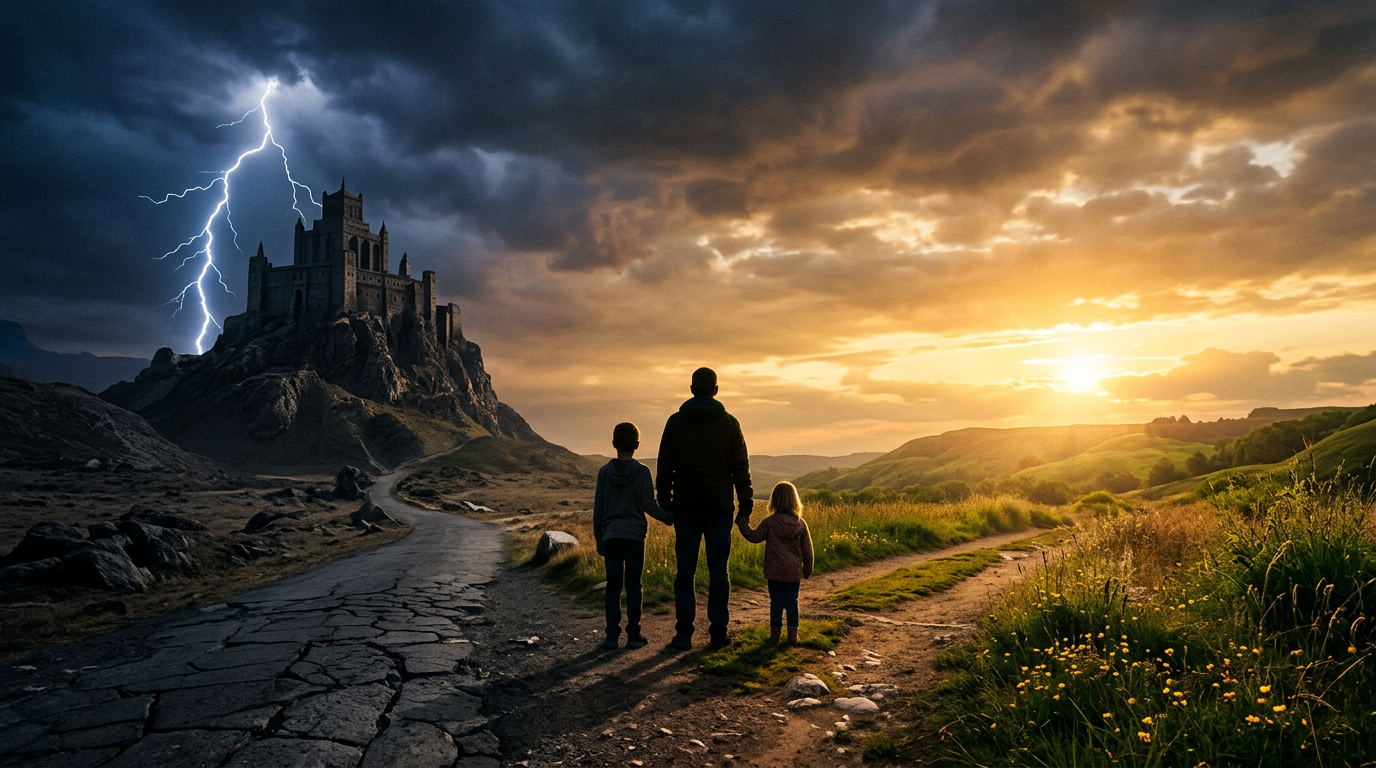 A family stands at a crossroads between a lightning-struck castle and a sunlit green path