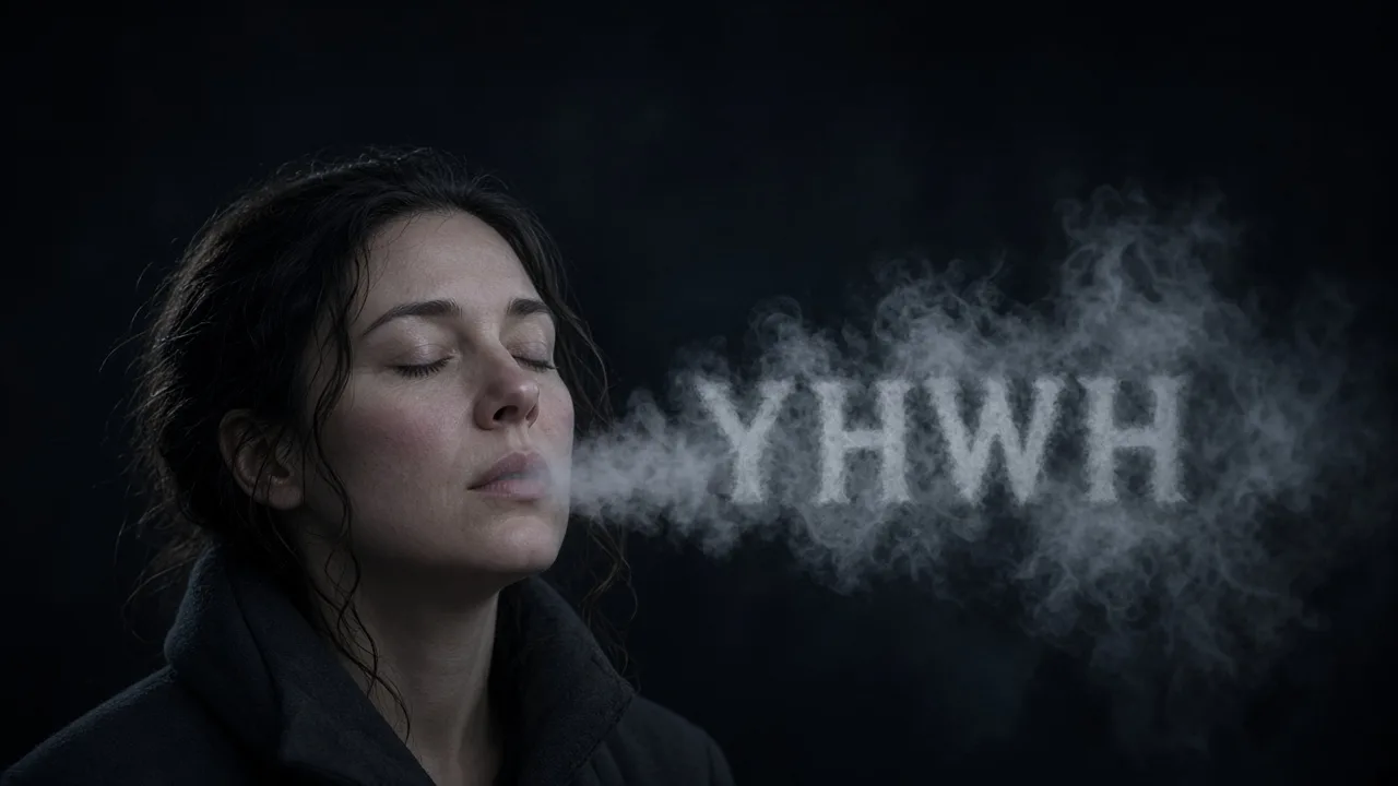 A woman breathing out in the dark, with the letters YHWH formed in the mist.